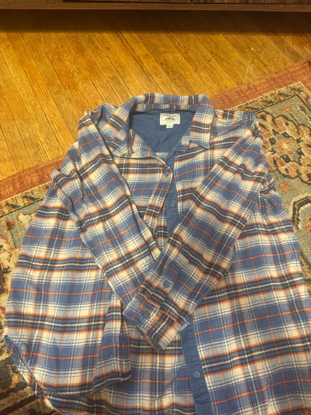 American Eagle Outfitters Blue Plaid Button-Down Shirt with Orange Accents